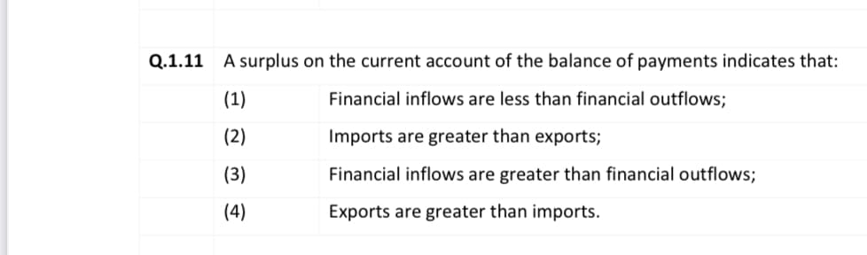 Q.1.11 A surplus on the current account of the balance of payments indicates that:
(1)
Financial inflows are less than financial outflows;
(2)
Imports are greater than exports;
(3)
Financial inflows are greater than financial outflows;
(4)
Exports are greater than imports.
