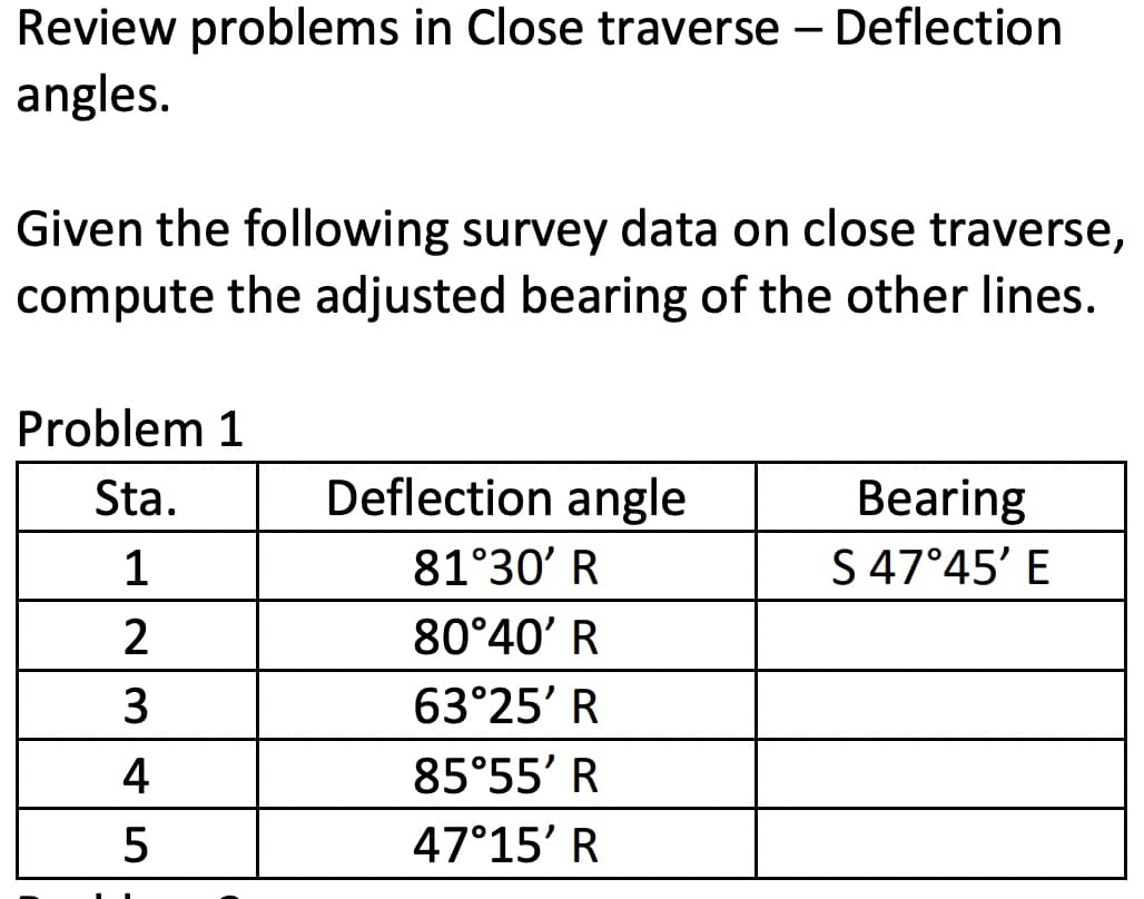 Review problems in Close traverse - Deflection
angles.
Given the following survey data on close traverse,
compute the adjusted bearing of the other lines.
Problem 1
Sta.
1
2345
2
4
Deflection angle
81°30' R
80°40' R
63°25' R
85°55' R
47°15' R
Bearing
S 47°45' E