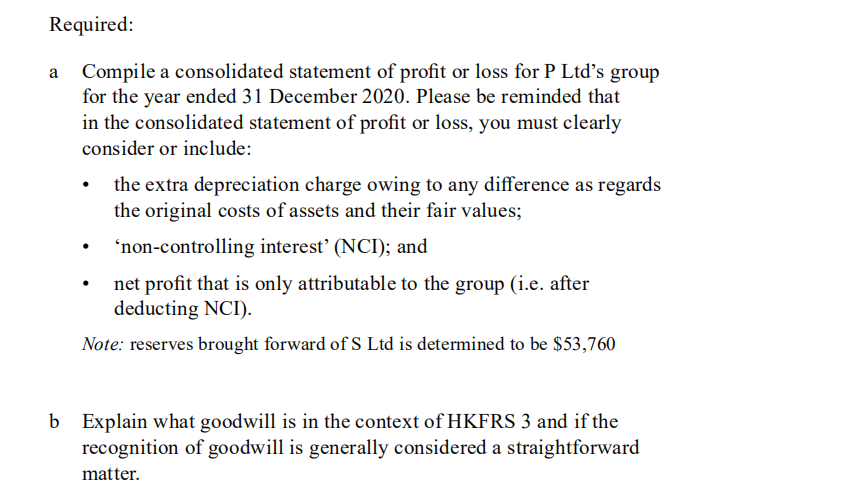 Required:
Compile a consolidated statement of profit or loss for P Ltd's group
for the year ended 31 December 2020. Please be reminded that
in the consolidated statement of profit or loss, you must clearly
consider or include:
the extra depreciation charge owing to any difference as regards
the original costs of assets and their fair values;
'non-controlling interest’ (NCI); and
net profit that is only attributable to the group (i.e. after
deducting NCI).
Note: reserves brought forward of S Ltd is determined to be $53,760
b Explain what goodwill is in the context of HKFRS 3 and if the
recognition of goodwill is generally considered a straightforward
matter.
