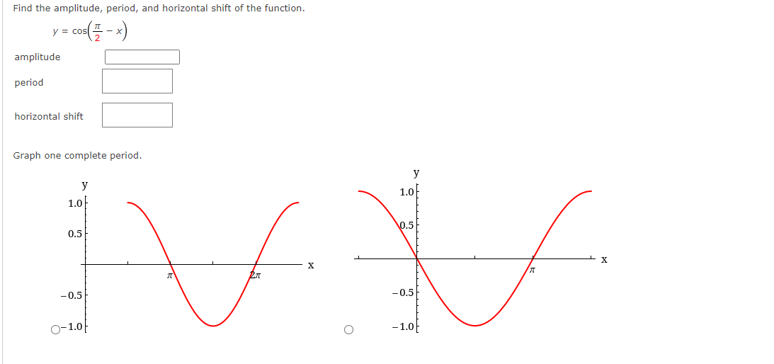 Find the amplitude, period, and horizontal shift of the function.
= COS(2-x)
y cos
amplitude
period
horizontal shift
Graph one complete period.
y
1.0
0.5
-0.5
O-1. 아
X
y
1.0
0.5
-0.5
-1.0
π
X