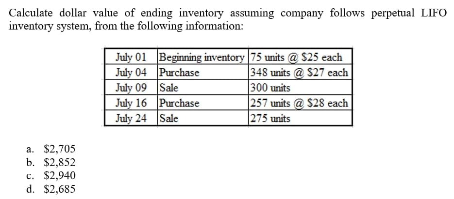 Calculate dollar value of ending inventory assuming company follows perpetual LIFO
inventory system, from the following information:
July 01 Beginning inventory 75 units @ $25 each
July 04 Purchase
July 09 Sale
July 16 Purchase
July 24 Sale
348 units @ S27 each
300 units
257 units @ $28 each
275 units
а. $2,705
b. $2,852
c. $2,940
d. $2,685
