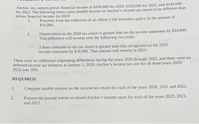 Anchor, inc, reports pretax financial income of $100,000 for 2020, S120,000 for 2021, and $140,000
for 2022. The following items cause taxable income on Anchor's income tax return to be different than
pretax financial income for 2020:
Proceeds from the collection of an officer's life insurance policy in the amount of
$10,000.
1.
Depreciation on the 2020 tax return is greater than on the income statement by $24,000.
That difference will reverse over the following two years.
2.
3.Rent collected on the tax return is greater than that recognized on the 2020
income statement by $18,000. That amount will reverse in 2021.
There were no additional originating differences during the years 2020 through 2022, and there were no
deferred income tax balances at January 1, 2020. Anchor's income tax rate for all three years 2020-
2022 was 20%.
REQUIRED:
1.
Compute taxable income on the income tax return for each of the years 2020, 2021 and 2022.
Prepare the journal entries to record Anchor's income taxes for each of the years 2020, 2021,
and 2022.
2.
