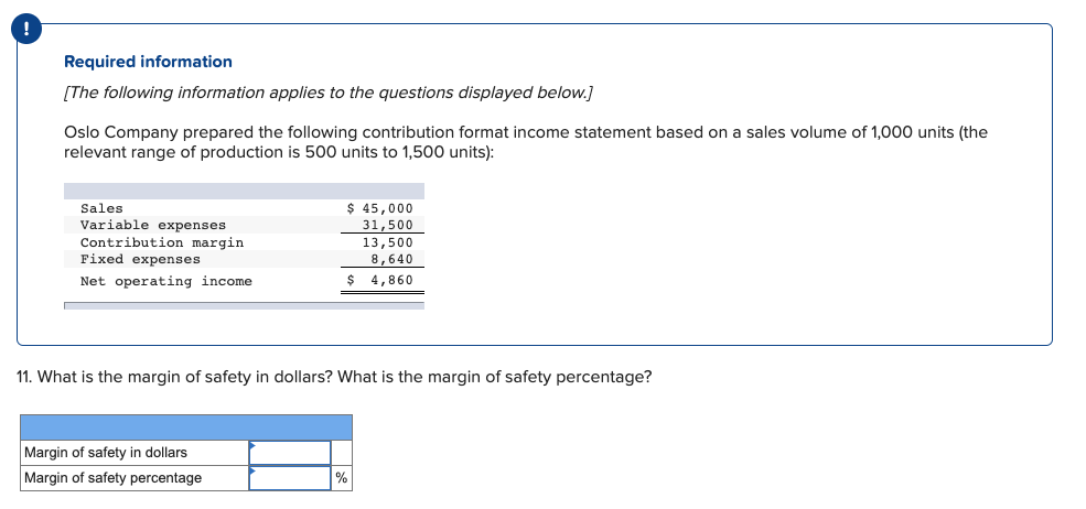 Required information
[The following information applies to the questions displayed below.]
Oslo Company prepared the following contribution format income statement based on a sales volume of 1,000 units (the
relevant range of production is 500 units to 1,500 units):
Sales
$ 45,000
Variable expenses
31,500
Contribution margin
Fixed expenses
13,500
8,640
Net operating income
4,860
11. What is the margin of safety in dollars? What is the margin of safety percentage?
Margin of safety in dollars
Margin of safety percentage
%

