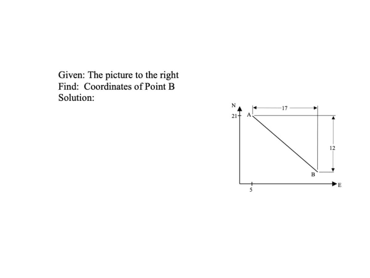 Given: The picture to the right
Find: Coordinates of Point B
Solution:
N
17
21+ A.
12
B
5

