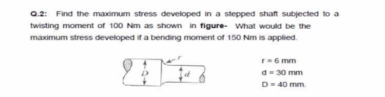 Q.2: Find the maximum stress developed in a stepped shaft subjected to a
twisting moment of 100 Nm as shown in figure- What would be the
maximum stress developed if a bending moment of 150 Nm is applied.
r = 6 mm
d = 30 mm
D = 40 mm.
D
