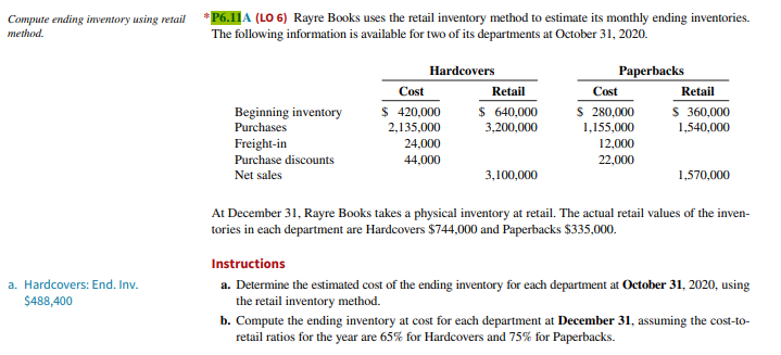 Compute ending inventory using retail
method.
a. Hardcovers: End. Inv.
$488,400
*P6.11A (LO 6) Rayre Books uses the retail inventory method to estimate its monthly ending inventories.
The following information is available for two of its departments at October 31, 2020.
Beginning inventory
Purchases
Freight-in
Purchase discounts
Net sales
Hardcovers
Cost
$ 420,000
2,135,000
24,000
44,000
Retail
$ 640,000
3,200,000
Paperbacks
3,100,000
Cost
$ 280,000
1,155,000
12,000
22,000
Retail
S 360,000
1,540,000
1,570,000
At December 31, Rayre Books takes a physical inventory at retail. The actual retail values of the inven-
tories in each department are Hardcovers $744,000 and Paperbacks $335,000.
Instructions
a. Determine the estimated cost of the ending inventory for each department at October 31, 2020, using
the retail inventory method.
b. Compute the ending inventory at cost for each department at December 31, assuming the cost-to-
retail ratios for the year are 65% for Hardcovers and 75% for Paperbacks.