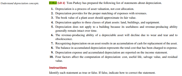 Understand depreciation concepts.
E10.4 (LO 2) Tom Parkey has prepared the following list of statements about depreciation.
1. Depreciation is a process of asset valuation, not cost allocation.
2. Depreciation provides for the proper matching of expenses with revenues.
3. The book value of a plant asset should approximate its fair value.
4. Depreciation applies to three classes of plant assets: land, buildings, and equipment.
5. Depreciation does not apply to a building because its usefulness and revenue-producing ability
generally remain intact over time.
6. The revenue-producing ability of a depreciable asset will decline due to wear and tear and to
obsolescence.
7. Recognizing depreciation on an asset results in an accumulation of cash for replacement of the asset.
8. The balance in accumulated depreciation represents the total cost that has been charged to expense.
9. Depreciation expense and accumulated depreciation are reported on the income statement.
10. Four factors affect the computation of depreciation: cost, useful life, salvage value, and residual
value.
Instructions
Identify each statement as true or false. If false, indicate how to correct the statement.