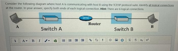 Consider the following diagram where host A is communicating with host B using the TCP/IP protocol suite. Identify all logical connections
at the router. In your answer, specify both ends of each logical connection. Hint: There are 6 logical connections.
Router
Switch A
Switch B
