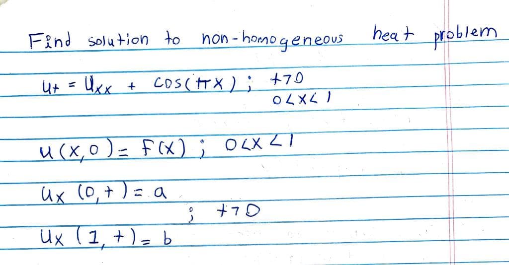 Find solution to s
non - homo geneous
heat problem
ut
Uxx +
cositrx); +70
17X70
u(x,0) = F(x) ; OLX <T
Ux (0,+ ) = a
Ux (1, +) = b
