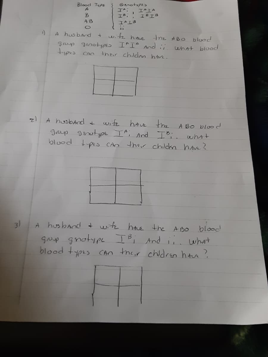 Blood TYPE
A
Genotypes
エ*;、エIA
IBIB
AB
エAエ3
A husbard
witz have
the ABO
blood
Srap genotPES II And i
tipes CAn
what blood
their childrn have.
12
A husbArd +
wife hAve the A Bo blood
gap ginotype I^; And Ii. what
tpes CAn ther chilckn hAve?
blood
31
A hus band + wite have the ABO blood
Gwp gnotype I Bi And ii. what
blood types CAn their chldren have?
