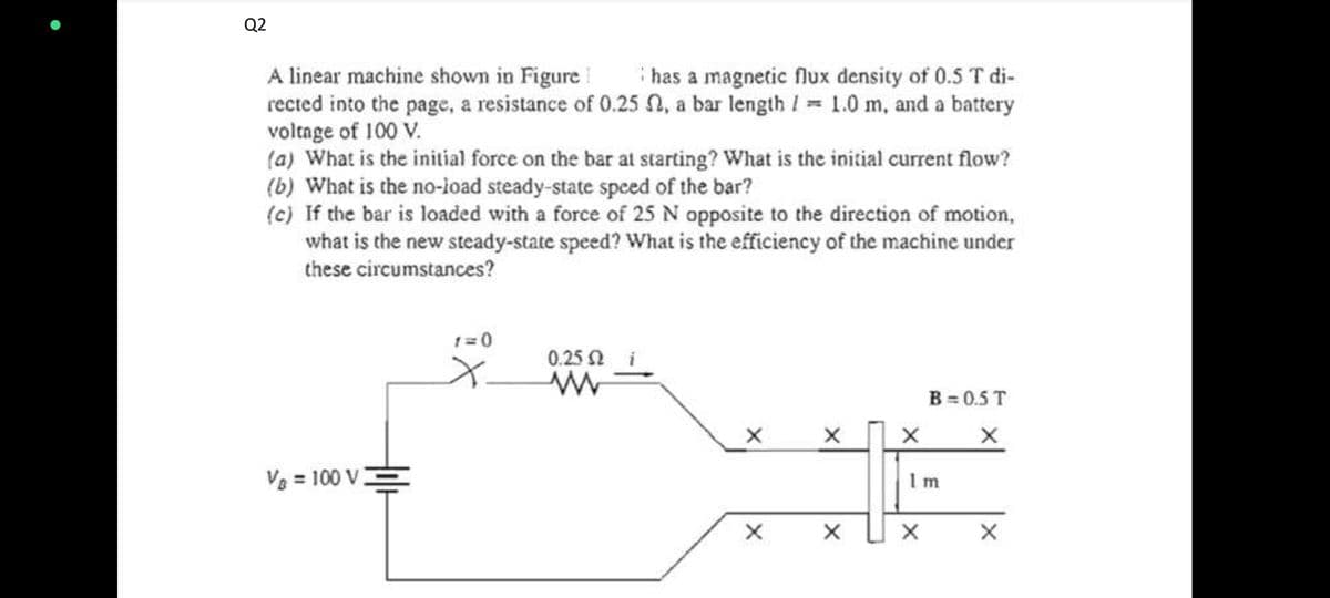 Q2
A linear machine shown in Figure I
has a magnetic flux density of 0.5 T di-
rected into the page, a resistance of 0.25 , a bar length = 1.0 m, and a battery
voltage of 100 V.
(a) What is the initial force on the bar at starting? What is the initial current flow?
(b) What is the no-load steady-state speed of the bar?
(c) If the bar is loaded with a force of 25 N opposite to the direction of motion,
what is the new steady-state speed? What is the efficiency of the machine under
these circumstances?
V = 100 V
1=0
0.25 Ω
www
X
X
X
X
X
B=0.5T
Im
X
X
X