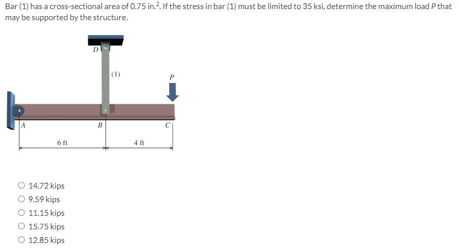 Bar (1) has a cross-sectional area of 0.75 in.?. If the stress in bar (1) must be limited to 35 ksi, determine the maximum load P that
may be supported by the structure.
(1)
P
A
B
6 ft
4 ft
O 14.72 kips
O 9.59 kips
O 11.15 kips
O 15.75 kips
O 12.85 kips

