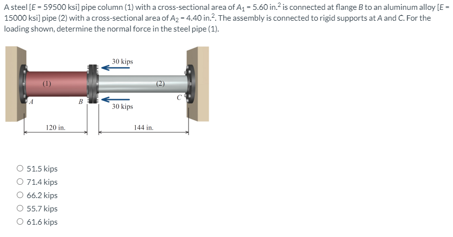 A steel [E = 59500 ksi] pipe column (1) with a cross-sectional area of A1 = 5.60 in.? is connected at flange B to an aluminum alloy [E =
15000 ksi] pipe (2) with a cross-sectional area of A2 = 4.40 in.?. The assembly is connected to rigid supports at A and C. For the
loading shown, determine the normal force in the steel pipe (1).
30 kips
(1)
B
30 kips
120 in.
144 in.
51.5 kips
O 71.4 kips
O 66.2 kips
O 55.7 kips
O 61.6 kips
