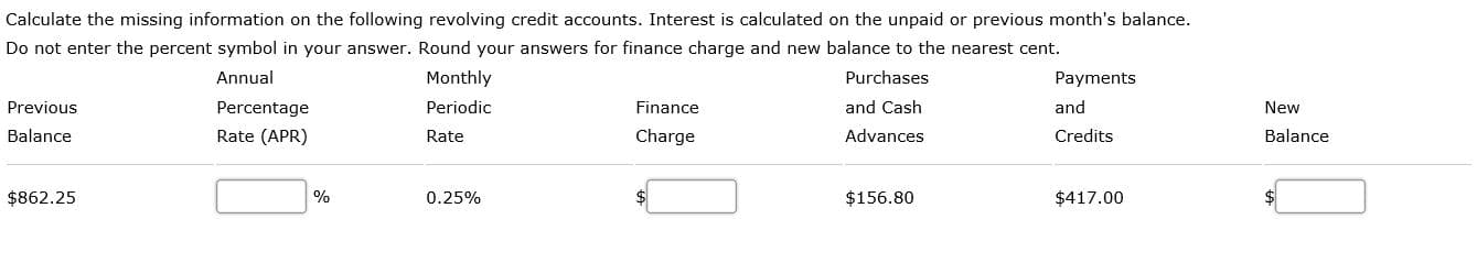 Calculate the missing information on the following revolving credit accounts. Interest is calculated on the unpaid or previous month's balance.
Do not enter the percent symbol in your answer. Round your answers for finance charge and new balance to the nearest cent.
Annual
Monthly
Purchases
Payments
Previous
Percentage
Periodic
Finance
and Cash
and
New
Balance
Rate (APR)
Rate
Charge
Advances
Credits
Balance
$862.25
0.25%
$156.80
$417.00
