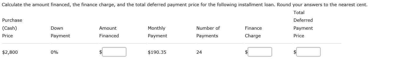 Calculate the amount financed, the finance charge, and the total deferred payment price for the following installment loan. Round your answers to the nearest cent.
Total
Purchase
Deferred
(Cash)
Down
Amount
Monthly
Number of
Finance
Payment
Price
Payment
Financed
Payment
Payments
Charge
Price
$2,800
0%
$190.35
24
