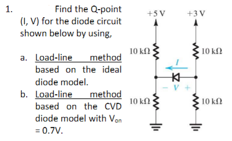 1.
Find the Q-point
(I, V) for the diode circuit
shown below by using,
a. Load-line method
based on the ideal
diode model.
method
based on the CVD
diode model with Von
= 0.7V.
b. Load-line
10 ΚΩ
+5V
10 ΚΩ ;
KH
+3V
10 ΚΩ
10 ΚΩ