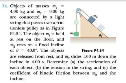54. Objects of masses m, =
4.00 kg and m, = 9.00 kg
are connected by a light
string that passes over a fric-
tionless pulley as in Figure
P4.54. The object m, is held m
at rest on the floor, and
m, rests on a fixed incline
of 0 = 40.0°. The objects
are released from rest, and m, slides 1.00 m down the
incline in 4.00 s. Determine (a) the acceleration of
each object, (b) the tension in the string, and (c) the
coefficient of kinetic friction between m, and the
Figure P4.54
incline.
