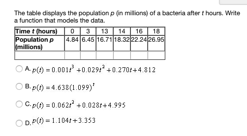 The table displays the population p (in millions) of a bacteria after t hours. Write
a function that models the data.
Time t (hours)
Population p
(millions)
13
14
16
18
4.84 6.45 16.71 18.3222.24 26.95
O A. p(t) = 0.001? +0.0291 +0.27ot+4.812
O B. p(t) = 4.638(1.099)*
O C.p(t) = 0.0621 +0.028t+4.995
O D.P(t) = 1.104t+3.353
