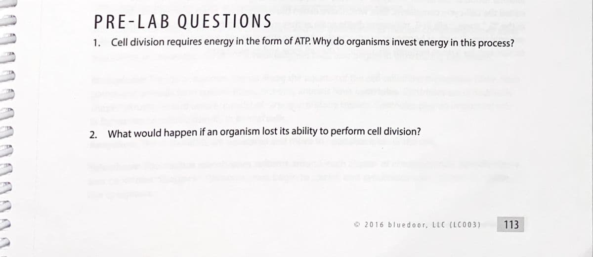 PRE-LAB QUESTIONS
1. Cell division requires energy in the form of ATP. Why do organisms invest energy in this process?
2. What would happen if an organism lost its ability to perform cell division?
2016 bluedoor, LLC (LCO03)
113
