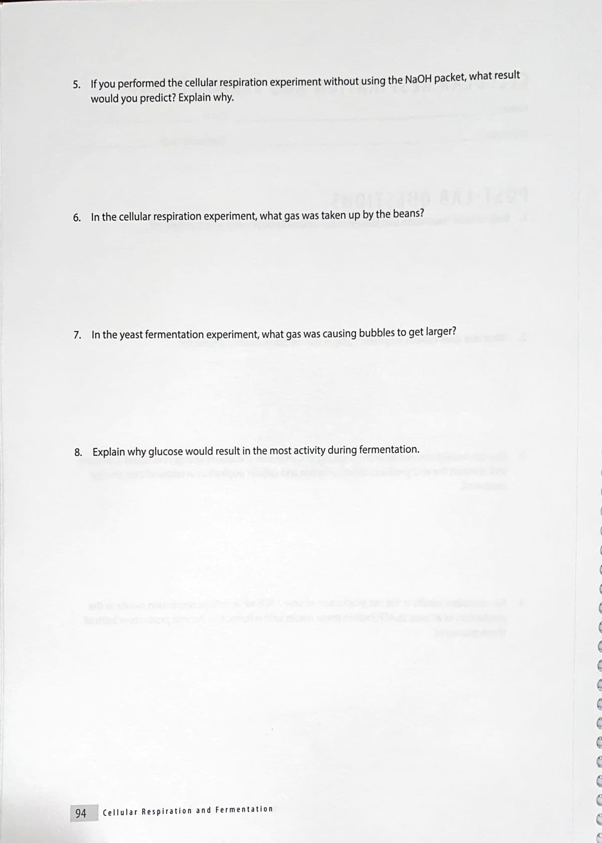 5. If you performed the cellular respiration experiment without using the NaOH packet, what result
would you predict? Explain why.
6. In the cellular respiration experiment, what gas was taken up by the beans?
7. In the yeast fermentation experiment, what gas was causing bubbles to get larger?
8. Explain why glucose would result in the most activity during fermentation.
94
Cellular Respiration and Fermentation
