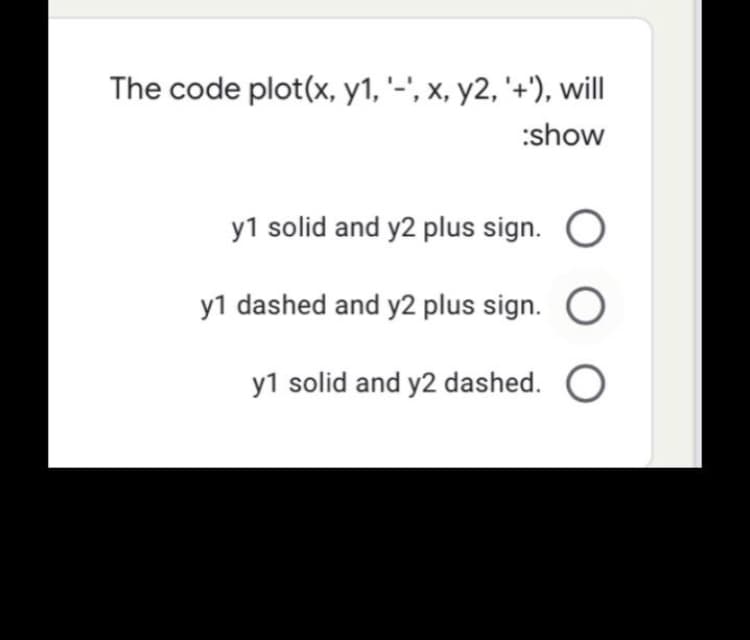 The code plot(x, y1, '-', x, y2, '+'), will
:show
y1 solid and y2 plus sign. O
y1 dashed and y2 plus sign. O
y1 solid and y2 dashed. O
