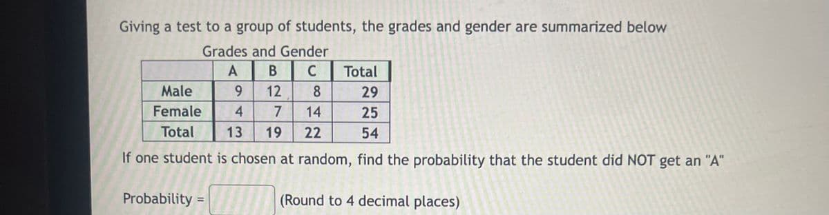 Giving a test to a group of students, the grades and gender are summarized below
Grades and Gender
A
C
Total
Male
9.
12
8.
29
Female
4
7.
14
25
Total
13
19
22
54
If one student is chosen at random, find the probability that the student did NOT get an "A"
Probability =
(Round to 4 decimal places)
%3D
