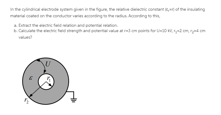 In the cylindrical electrode system given in the figure, the relative dielectric constant (E,=r) of the insulating
material coated on the conductor varies according to the radius. According to this,
a. Extract the electric field relation and potential relation.
b. Calculate the electric field strength and potential value at r=3 cm points for U=10 kV, r,=2 cm, r2=4 cm
values?
