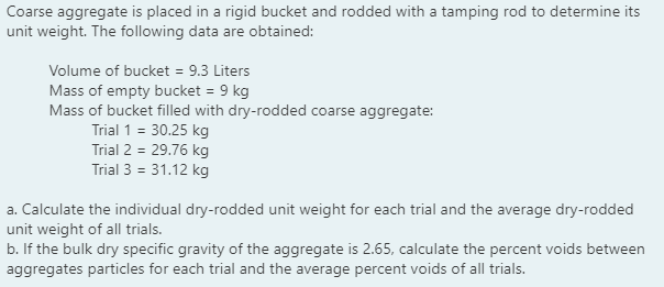 Coarse aggregate is placed in a rigid bucket and rodded with a tamping rod to determine its
unit weight. The following data are obtained:
Volume of bucket = 9.3 Liters
Mass of empty bucket = 9 kg
Mass of bucket filled with dry-rodded coarse aggregate:
Trial 1 = 30.25 kg
Trial 2 = 29.76 kg
Trial 3 = 31.12 kg
a. Calculate the individual dry-rodded unit weight for each trial and the average dry-rodded
unit weight of all trials.
b. If the bulk dry specific gravity of the aggregate is 2.65, calculate the percent voids between
aggregates particles for each trial and the average percent voids of all trials.
