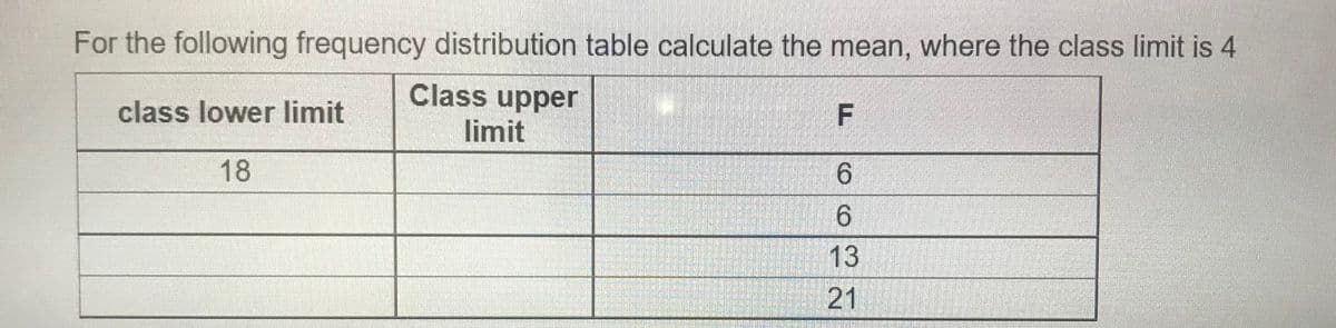 For the following frequency distribution table calculate the mean, where the class limit is 4
Class upper
class lower limit
F
limit
18
6.
13
21
