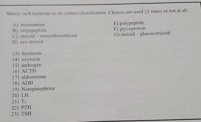 Match each hormone to its correct classification. Choices are used >1 times or not at all.
A) monoamine
B) oligopeptide
C) steroid- mineralocorticoid
D) sex steroid
E) polypeptide
F) glycoprotein
G) steroid – glucocorticoid
13) thymosin
14) oxytocin
15) androgen
16) ACTH
17) aldosterone
18) ADH
19) Norepinephrine
20) LH
21) T3
22) PTH
23) TSH
