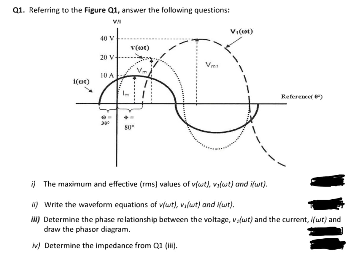 Q1. Referring to the Figure Q1, answer the following questions:
V:(ot)
40 V
v(ot)
20 V-
Vm1
10 A
i(ot)
Im
Reference( 0°)
O =
30
80°
i) The maximum and effective (rms) values of v(wt), v1(wt) and i(wt).
ii) Write the waveform equations of v(wt), vi(wt) and i(wt).
iii) Determine the phase relationship between the voltage, v1(wt) and the current, i(wt) and
draw the phasor diagram.
iv) Determine the impedance from Q1 (iii).
