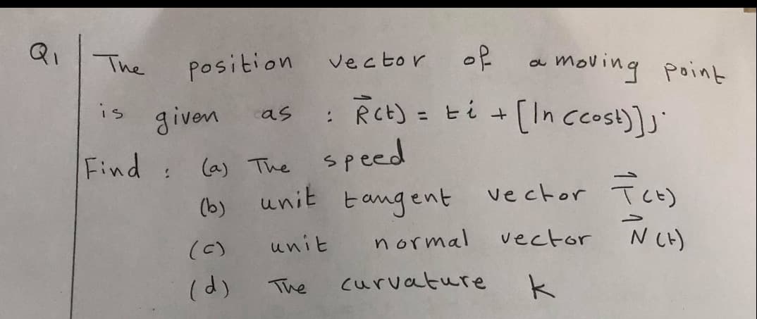 of
a moving point
The
Position
vector
is given
: Ret) = ti +[In cost)]j
-ti +
(In cecost)]"
%3D
Find (a) The speed
unit tangent
vector Tet)
vector NCH)
(b)
unit
normal
(C)
