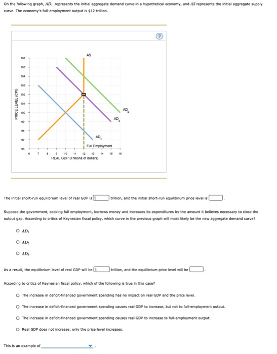 On the following graph, AD, represents the initial aggregate demand curve in a hypothetical economy, and AS represents the initial aggregate supply
curve. The economy's full-employment output is $12 trillion.
PRICE LEVEL (CPI)
106
105
104
103
102
101
100
95
6
7
O AD
8
I
AS
AD
Full Employment
This is an example of
9
10
REAL GDP (Trillions of dollars)
12 13 14 15
The initial short-run equilibrium level of real GDP is
As a result, the equilibrium level of real GDP will be
AD₂
16
Suppose the government, seeking full employment, borrows money and increases its expenditures by the amount it believes necessary to close the
output gap. According to critics of Keynesian fiscal policy, which curve in the previous graph will most likely be the new aggregate demand curve?
O AD₁
O AD₂
AD
trillion, and the initial short-run equilibrium price level is
trillion, and the equilibrium price level will be
According to critics of Keynesian fiscal policy, which of the following is true in this case?
O The increase in deficit-financed government spending has no impact on real GDP and the price level.
O The increase in deficit-financed government spending causes real GDP to increase, but not to full-employment output.
O The increase in deficit-financed government spending causes real GDP to increase to full-employment output.
O Real GDP does not increase; only the price level increases.