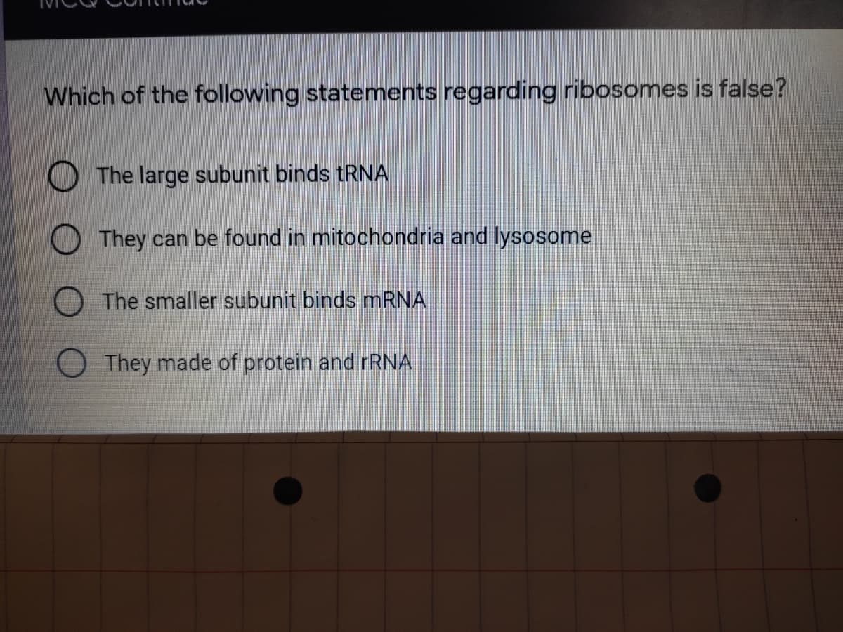 Which of the following statements regarding ribosomes is false?
O The large subunit binds RNA
O They can be found in mitochondria and lysosome
O The smaller subunit binds MRNA
O They made of protein and RNA
