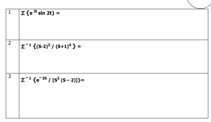 1
I{e*sin 2t} =
2
I1{(S-2)² / (S+1)ª } =
3
I1 {e 35 / [s? (S – 2)]}=
