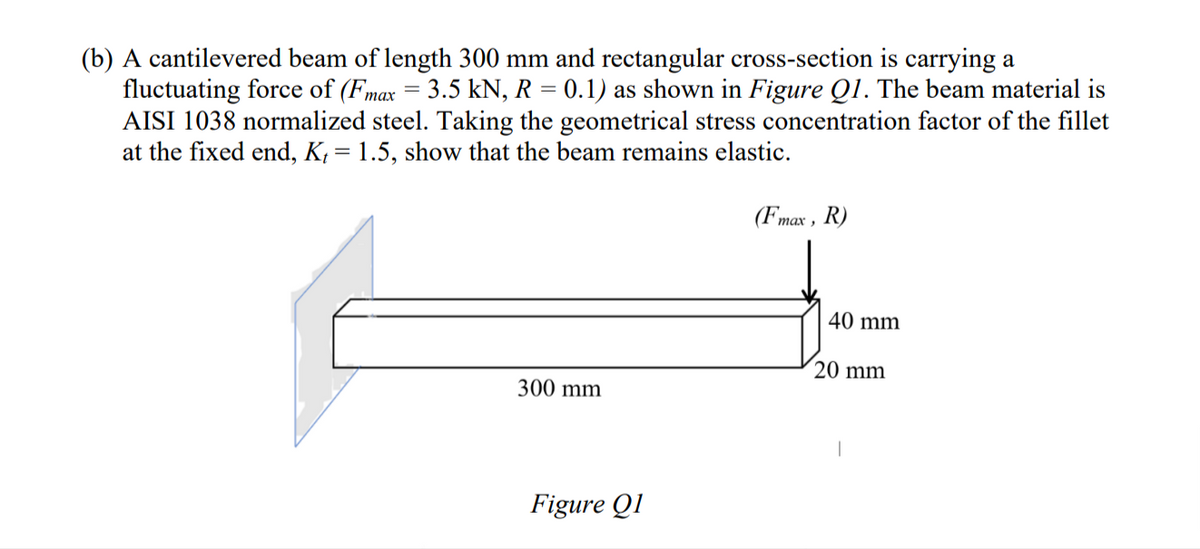 (b) A cantilevered beam of length 300 mm and rectangular cross-section is carrying a
fluctuating force of (Fmax = 3.5 kN, R = 0.1) as shown in Figure Q1. The beam material is
AISI 1038 normalized steel. Taking the geometrical stress concentration factor of the fillet
at the fixed end, K, = 1.5, show that the beam remains elastic.
300 mm
Figure Q1
(Fmax ,
"max, R)
40 mm
20 mm
|