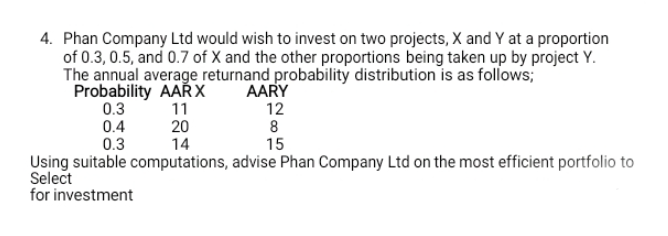 4. Phan Company Ltd would wish to invest on two projects, X and Y at a proportion
of 0.3, 0.5, and 0.7 of X and the other proportions being taken up by project Y.
The annual average returnand probability distribution is as follows;
Probability AARX
0.3
11
0.4
0.3
20
14
AARY
12
8
15
Using suitable computations, advise Phan Company Ltd on the most efficient portfolio to
Select
for investment