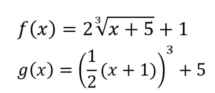 f (x) = 2Vx + 5 +1
3
g(x) = (;(x + 1)
+ 5
.2
