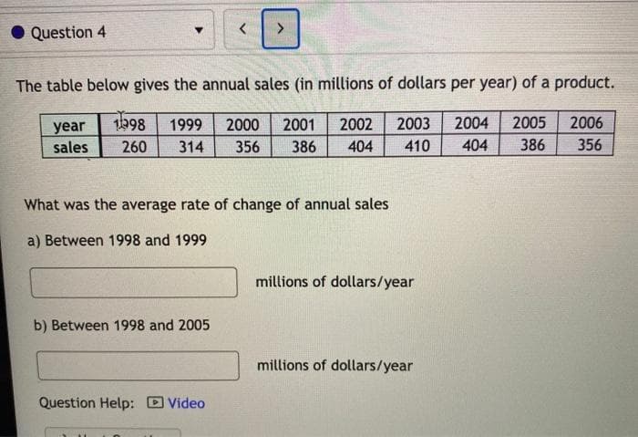 Question 4
The table below gives the annual sales (in millions of dollars per year) of a product.
year
1998
1999
2000
2001
2002
2003
2004
2005
2006
sales
260
314
356
386
404
410
404
386
356
What was the average rate of change of annual sales
a) Between 1998 and 1999
millions of dollars/year
b) Between 1998 and 2005
millions of dollars/year
Question Help: D Video
