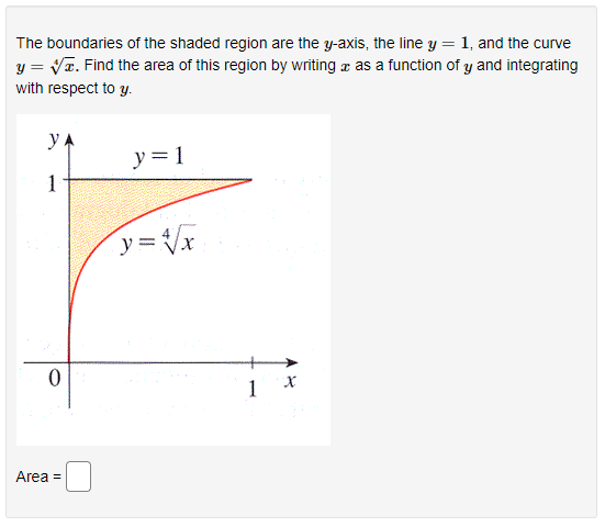 The boundaries of the shaded region are the y-axis, the line y = 1, and the curve
y = Va. Find the area of this region by writing æ as a function of y and integrating
with respect to y.
y= 1
1
1
Area =
