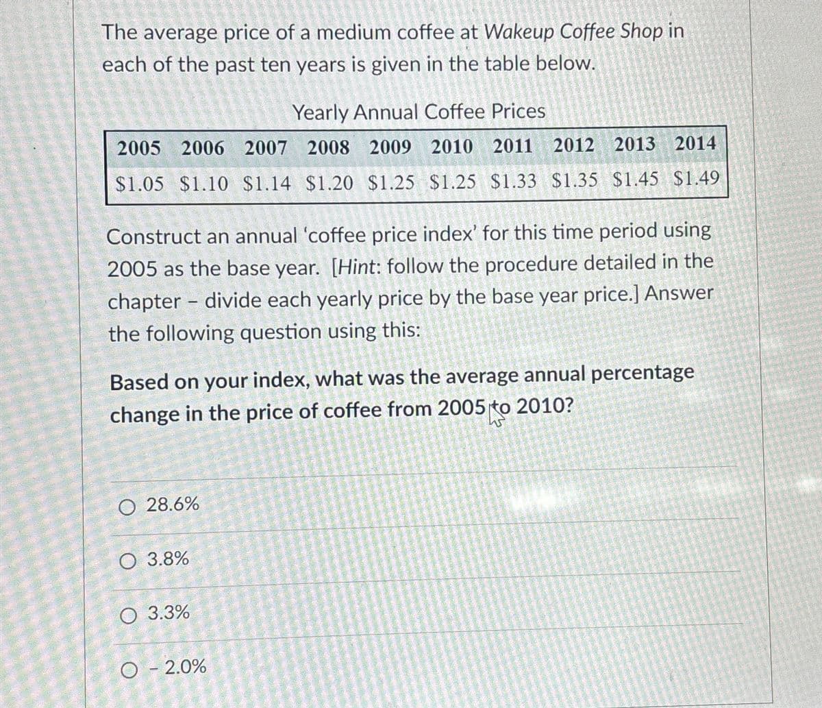 The average price of a medium coffee at Wakeup Coffee Shop in
each of the past ten years is given in the table below.
Yearly Annual Coffee Prices
2005 2006 2007 2008 2009 2010 2011 2012 2013 2014
$1.05 $1.10 $1.14 $1.20 $1.25 $1.25 $1.33 $1.35 $1.45 $1.49
Construct an annual 'coffee price index' for this time period using
2005 as the base year. [Hint: follow the procedure detailed in the
chapter divide each yearly price by the base year price.] Answer
the following question using this:
1
Based on your index, what was the average annual percentage
change in the price of coffee from 2005 to 2010?
O 28.6%
O 3.8%
O 3.3%
O - 2.0%