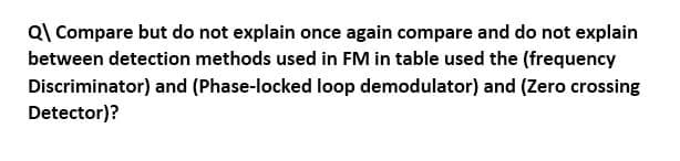 Q\ Compare but do not explain once again compare and do not explain
between detection methods used in FM in table used the (frequency
Discriminator) and (Phase-locked loop demodulator) and (Zero crossing
Detector)?