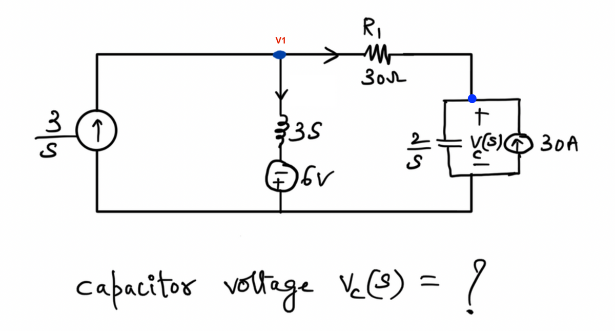 mly
↑
V1
35
6v
R₁
ww
30v2
capacitor voltage vc (3)
dly
t
V(S) @ 30A
V૯)
= ?