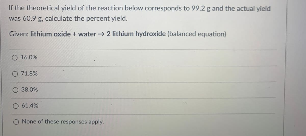 If the theoretical yield of the reaction below corresponds to 99.2 g and the actual yield
was 60.9 g, calculate the percent yield.
Given: lithium oxide + water → 2 lithium hydroxide (balanced equation)
O 16.0%
O 71.8%
O 38.0%
O 61.4%
O None of these responses apply.
