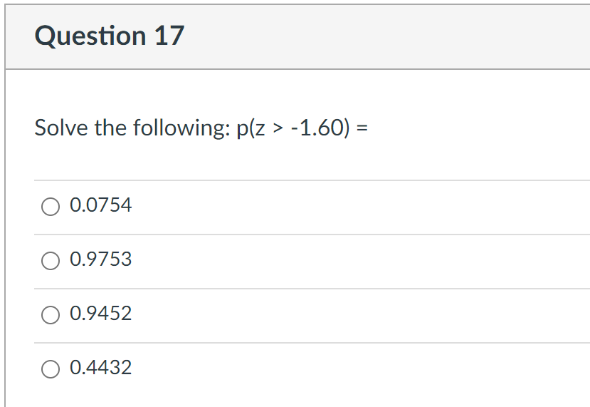 Question 17
Solve the following: p(z > -1.60) =
0.0754
O 0.9753
O 0.9452
O 0.4432
