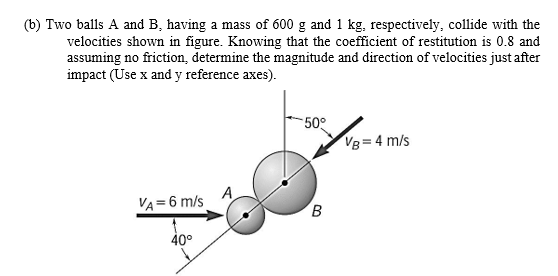 (b) Two balls A and B, having a mass of 600 g and 1 kg, respectively, collide with the
velocities shown in figure. Knowing that the coefficient of restitution is 0.8 and
assuming no friction, determine the magnitude and direction of velocities just after
impact (Use x and y reference axes).
50°
VB = 4 m/s
A
VA= 6 m/s
40°
B