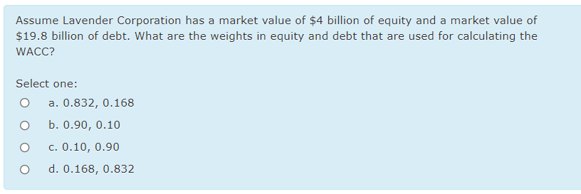 Assume Lavender Corporation has a market value of $4 billion of equity and a market value of
$19.8 billion of debt. What are the weights in equity and debt that are used for calculating the
WACC?
Select one:
a. 0.832, 0.168
b. 0.90, 0.10
с. 0.10, 0.90
d. 0.168, 0.832
