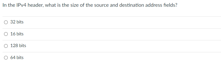 In the IPV4 header, what is the size of the source and destination address fields?
32 bits
O 16 bits
O 128 bits
O 64 bits
