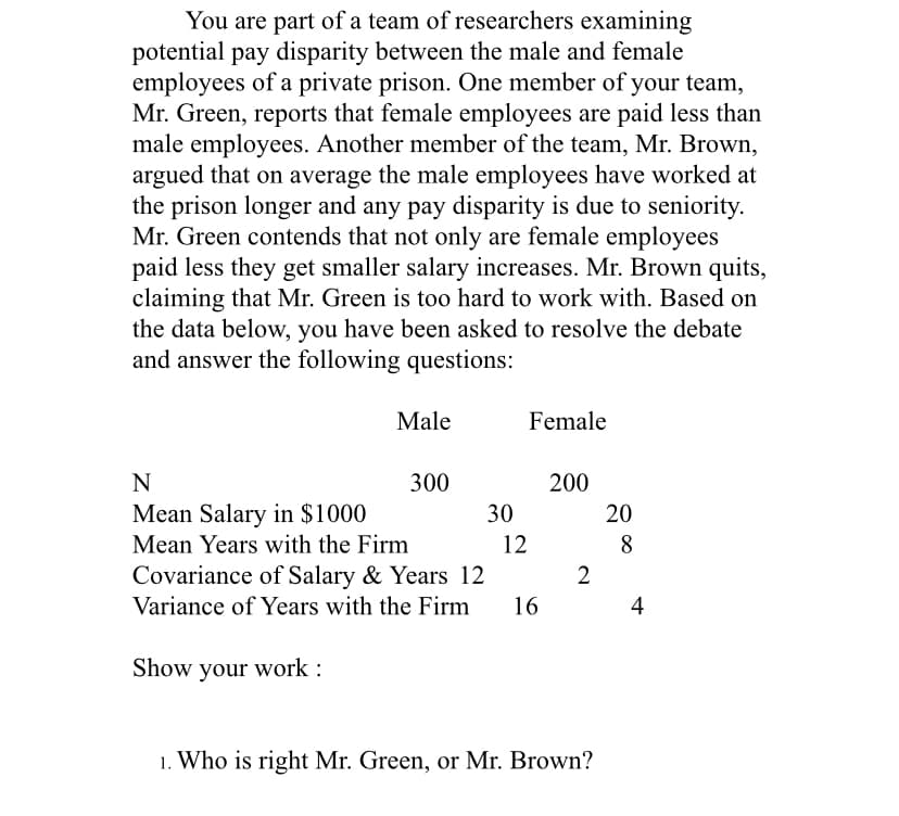 You are part of a team of researchers examining
potential pay disparity between the male and female
employees of a private prison. One member of your team,
Mr. Green, reports that female employees are paid less than
male employees. Another member of the team, Mr. Brown,
argued that on average the male employees have worked at
the prison longer and any pay disparity is due to seniority.
Mr. Green contends that not only are female employees
paid less they get smaller salary increases. Mr. Brown quits,
claiming that Mr. Green is too hard to work with. Based on
the data below, you have been asked to resolve the debate
and answer the following questions:
Male
Female
N
300
200
Mean Salary in $1000
30
20
Mean Years with the Firm
12
8
Covariance of Salary & Years 12
Variance of Years with the Firm
2
16
4
Show your work :
1. Who is right Mr. Green, or Mr. Brown?
