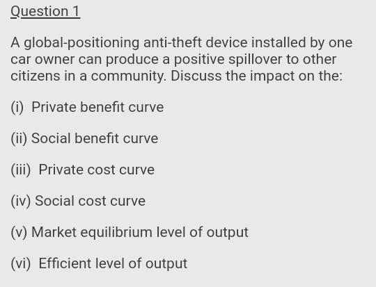 Question 1
A global-positioning anti-theft device installed by one
car owner can produce a positive spillover to other
citizens in a community. Discuss the impact on the:
(i) Private benefit curve
(ii) Social benefit curve
(iii) Private cost curve
(iv) Social cost curve
(v) Market equilibrium level of output
(vi) Efficient level of output
